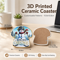 Sous-verre en céramique motif bonhomme de neige de Noël, sous-verre en forme de champignon imprimé en 3D avec base en liège, décoration de Noël pour la maison, cadeau