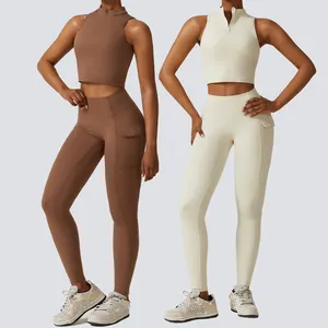 Set legging pakaian Yoga kustom mode baru dengan kantung samping atasan kompresi baju olahraga kebugaran Gym untuk wanita