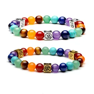 Hot Sale Square Alloy 7 Chakra Yoga Reiki Energy Stone Colorful 8mm Natural Stone Bracelet