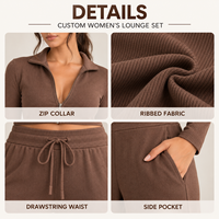 Ensemble Lounge 2 Pièces Femme Personnalisé en Maille Côtelée – Haut Court Zippé à Col Montant et Pantalon Large – Tenue Douce pour le Quotidien, Décontractée et Confortable à la Maison