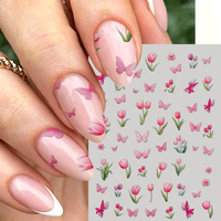 Autocollants 5D Papillon Tulipe Rose pour Ongles, Décalcomanies Florales Printanières Auto-adhésives, Slider de Manucure Imperméable pour Ongles à Presser DIY