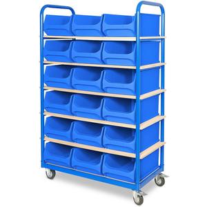 Etagenwagen Mit 6 Ebenen, LxTxH 1050x500x1690 Mm, 2 Lenk- (mit Feststellbremse) U. 2 Bockrollen, Bestückt Mit 18 Blauen Sichtbox - Product Image 1