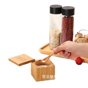 Wooden Salt Container With Spoon Swivel Lid Airtight Kitchen <b>Spice</b> <b>Jar</b> For Table Use - Product Image 1