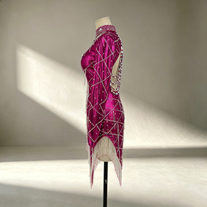 Vestido de Baile Latino Personalizado con Flecos de Pedrería, Manga Larga, Traje de Baile de Salón, Vestido de Fiesta Asimétrico para Mujer - Product Image 5