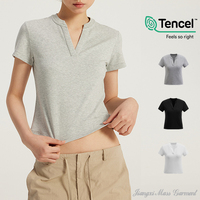 T-shirt à manches courtes pour femmes, col en V, épaule régulière, basique, confortable, Tencel, coton modal, sport, fitness