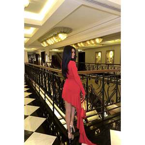 Robe de soirée rouge brodée à manches longues, style droit simple, col montant, taille empire, tailles XS-XL, pour banquets et invités de mariage - Product Image 1