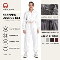 Ensemble deux pièces pour femmes en spandex/coton, manches courtes, pull court uni à demi-zip, pantalon de jogging skinny à cordon de serrage, vêtements de sport