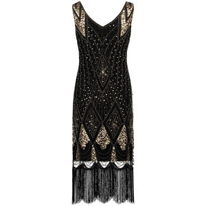 Vestido Largo Gatsby de los Años 20 con Lentejuelas y Flecos, Cuello en V, Sin Mangas, Inspirado en el Estilo <span class=keywords><strong>Charleston</strong></span>, para <span class=keywords><strong>Mujer</strong></span>, Disfraz de Fiesta Art Deco - Product Image 1