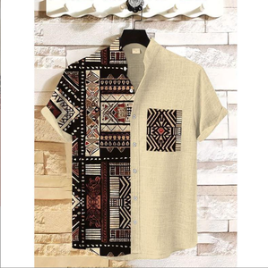 Camisa de Manga Corta para Hombre, Color Beige, con Patrón Étnico, Cuello Mao, Venta Directa de Fábrica, Uso Diario Informal, Corte Regular, Pedido al por Mayor, ODM, Ligera, 3D - Product Image 1