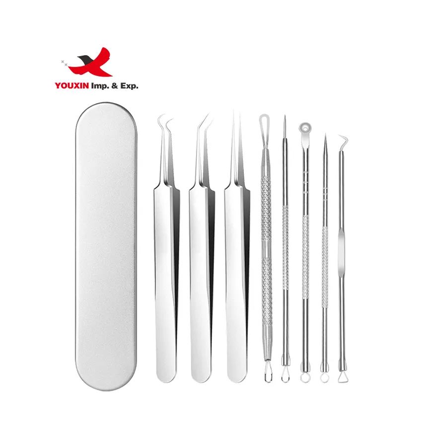 Metal Box Packing 8 Pcs Stainless Steel Blackhead Extractor Tweezer Set Acne Needle Pimple Removal Kit