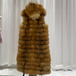 เสื้อคลุมแฟชั่นใหม่สำหรับผู้หญิง เสื้อกั๊กขนสุนัขจิ้งจอกสีแดงยาว เสื้อกั๊กขนสุนัขจิ้งจอกมีฮู้ดสุดหรูสำหรับสุภาพสตรี - Product Image 4