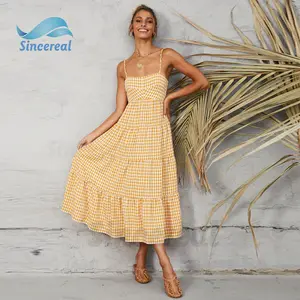 Custom One Piece Checked Pleated Cotton Tiered Skirt Gingham Cross Back Ruffle Midi Women Summer elegant casual dresses