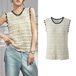 2025 nuovo <span class=keywords><strong>pizzo</strong></span> Beige bianco all'uncinetto top da donna a girocollo senza maniche top sottili Casual <span class=keywords><strong>con</strong></span> stile alla moda vuoto - Product Image 1