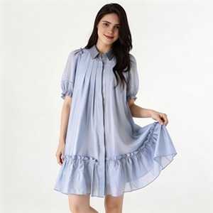 Abito Estivo Casual da Donna in Chiffon Azzurro con Colletto, Maniche a Sbuffo, Pieghe e Orlo con Volant - Product Image 3