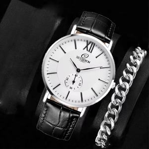 Montre-bracelet de luxe pour homme en acier inoxydable avec bracelet en cuir, mouvement à quartz 40 mm, résistante à l'eau, coffret cadeau avec logo personnalisé - Product Image 2