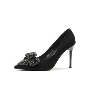 Escarpins en daim noir à bout pointu, talon aiguille, avec nœud décoratif, chaussures habillées pour femme 9888H-016 - Product Image 5