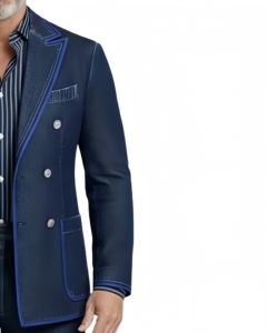 Blazer en jean bleu marine pour homme avec passepoil bleu roi – Veste de costume élégante et formelle au design sur mesure de qualité supérieure - Product Image 4