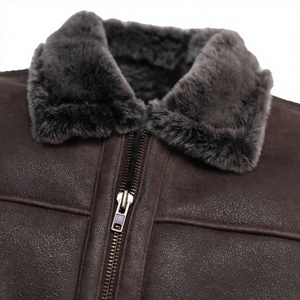 Blouson Bomber Homme en Cuir Véritable, Col Rabattable, Fermeture Éclair, Doublure Sherpa, Imperméable, Coupe-Vent, Vêtement d'Hiver - Product Image 5