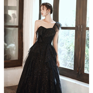 2025 nuovi stili di alta qualità autunno <span class=keywords><strong>nero</strong></span> cristallo lucido abito da sera con perline - Product Image 2