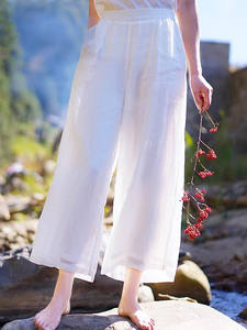 Pantalon vintage <span class=keywords><strong>blanc</strong></span> <span class=keywords><strong>en</strong></span> ramie taille haute élastique coupe large et courte pour <span class=keywords><strong>femme</strong></span> – <span class=keywords><strong>Lin</strong></span> décontracté et ample pour l'été – Marque - Product Image 6