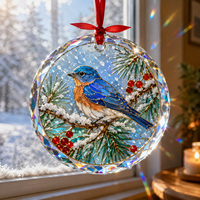 Ornement suspendu en cristal motif oiseau bleu et baies de pin pour Noël, pendentif de bureau, cadeau de fête, décoration de table pour la maison