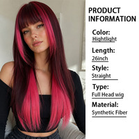 Peluca sintética larga y lisa color rojo vino con flequillo, resistente al calor, venta al por mayor de fábrica, OEM/ODM, personalizada para mujer