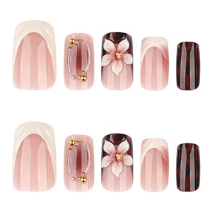 24 <span class=keywords><strong>faux</strong></span> ongles carrés courts de style français à motifs floraux 3D, imprimé léopard, feuille d'or, pré-dessinés, origine : <span class=keywords><strong>faux</strong></span> ongles - Product Image 5