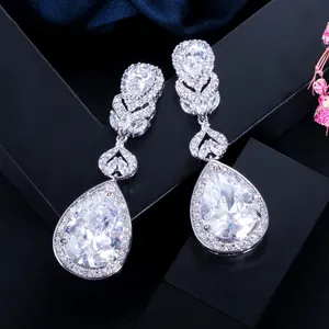 Elegant Water Drop Shaped Cubic Zirconia Crystal Women Dangle Hanging Bridal Long Earrings Luxury Wedding Jewelry for Brides