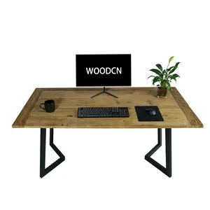 Meja makan kayu padat daur ulang dan industri antik dengan dasar baja tahan karat meja kayu elm tua