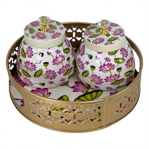 Floral Jar Set 2Pcs Round Decorative With Gold <b>Tray</b> Traditional Design Elegant metal iron <b>tray</b> Pichwai <b>tray</b> <b>basket</b> Serving - Product Image 1