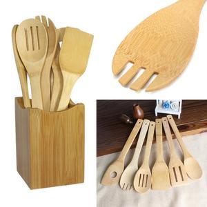 Platte Grote Lange Steel Keukengerei Houten Schraper Sleuf Spatel Serveren Beukenhouten Pot Bamboe Lepel Set Voor Het Koken - Product Image 6