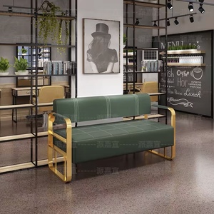 Muebles para Sala de Espera de Salón de Belleza y Barbería, Silla Doble con Marco de Metal Dorado y Asientos de Cuero - Product Image 2