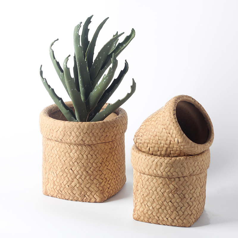 Farmhouse Weave Pattern Cement Succulent Planter – Tassel Bag Shape Pot with Drainage - View 5