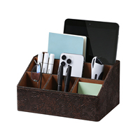 Organisateur de bureau de luxe en cuir PU marron avec emplacement pour tablette et motifs floraux ornés pour un bureau professionnel bien rangé