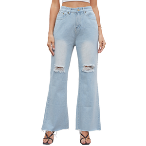 Jean en denim évasé taille haute pour femme, déchiré et vieilli, bleu clair, coupe droite ample, longueur cheville, pantalon pour femme - Product Image 1