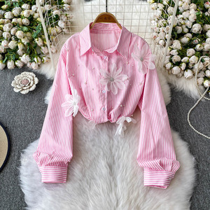 Camisa de Mujer con Solapa y Flores, Blusa Holgada a Rayas, a la Moda - Product Image 5