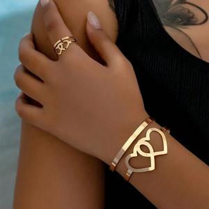 Gold double heart hollow fashion <b>bracelet</b> ring <b>set</b> simple geometric fashion hand jewelry - Product Image 1