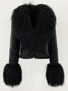 Giacca di lusso in vera pelle di pecora corta morbida grande collo di <span class=keywords><strong>pelliccia</strong></span> di agnello mongolo personalizzato da donna invernale cappotti in pelle scamosciata - Product Image 5
