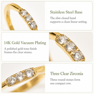 Anillo de Tres Piedras de Acero Inoxidable con Baño de Oro de 14K y Banda Delgada con Tres Circonitas Redondas Transparentes - Product Image 4