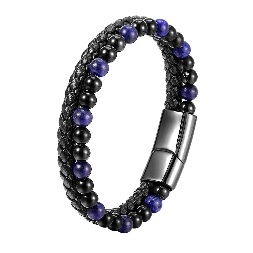 Bracelet de perles en pierre naturelle pour hommes, en cuir véritable, tressé, acier inoxydable, multicouche, vente en usine