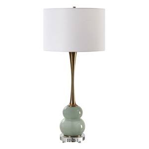 Gray Wood & Clear Crystal Stacked Modern Table Lamp | Sleek Contemporary Lighting for Hotel Guest Room & Living Area - Product Image 3
