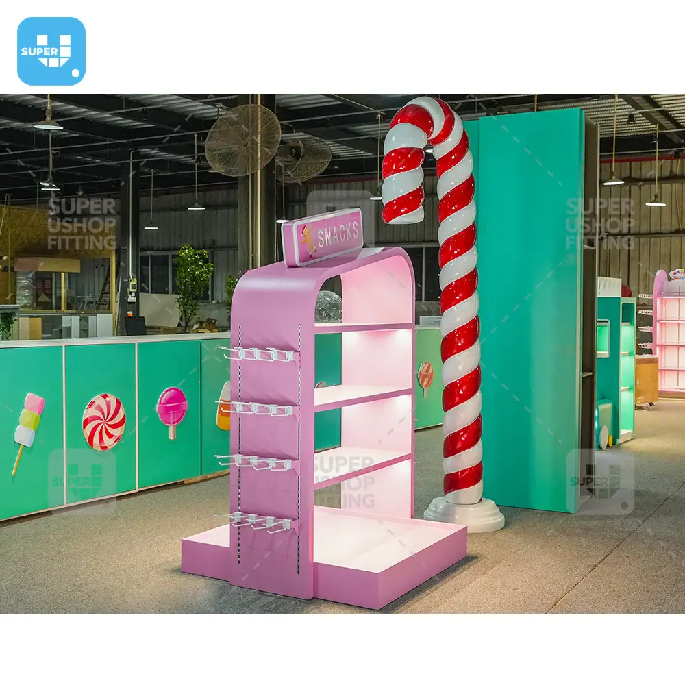 Expositor personalizado para lojas de lanches, prateleira com decorações de bastões de doces de Natal rosa doce