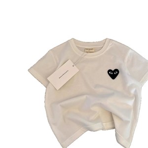 Children's Striped Short Sleeve T-Shirt Cotton Jersey Heart Patch Summer Style Gray Beige Pattern Boys T-Shirt - Product Image 4