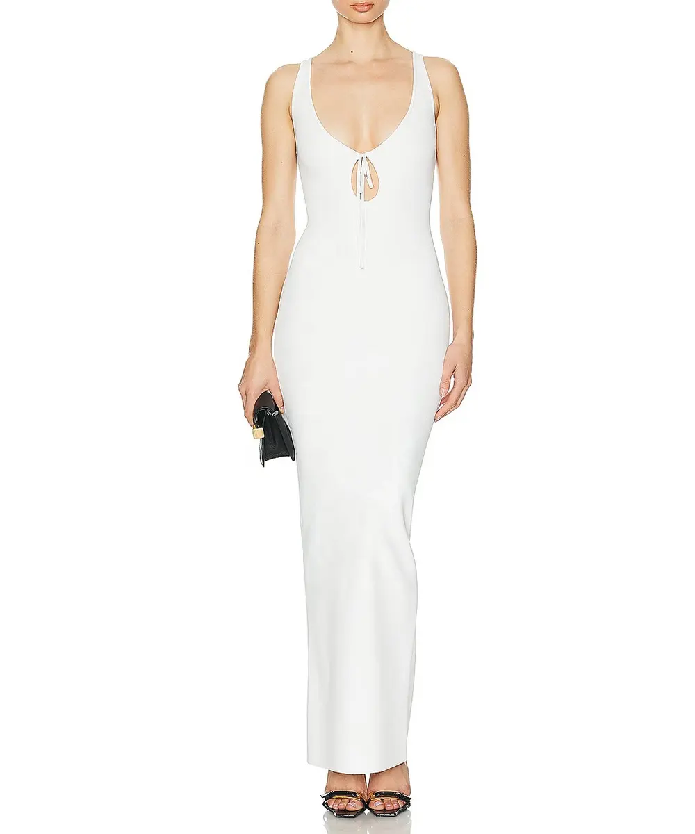 فستان مُحاك بنمط مخصص أبيض فستان كاجوال متوسط الطول للنساء بفتحة رقبة على شكل V عميقة ومفرغ