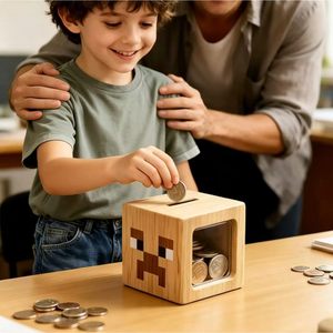 Hucha cuadrada de madera transparente con estante extraíble para guardar monedas, uso doméstico - Product Image 1