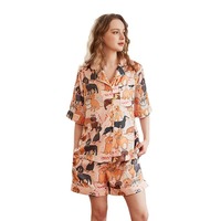 [Chorizo Birthday] Ensemble de pyjama 2 pièces en soie glacée pour femme, col rabattu, style européen-américain, fin, pour l'été, tenue décontractée courte