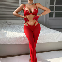 Nouvel ensemble de lingerie sexy respirant et fin, soutien-gorge push-up à bretelles, pantalon long en maille, gants rouges, sous-vêtements exotiques, tenue de danse pour femme
