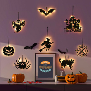 Décorations lumineuses suspendues pour Halloween, ornements LED pour fenêtres et portes, citrouille, château, fantôme, toile d'araignée, chauve-souris, chat, sorcière - Product Image 4