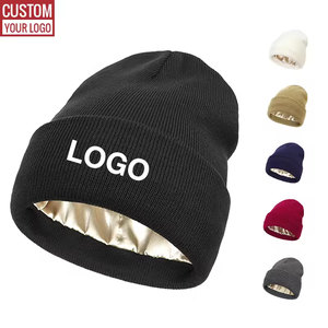 Custom Promotional Cuffed Knitted Silk Satin Inside Lined Beanies Hat With Logo