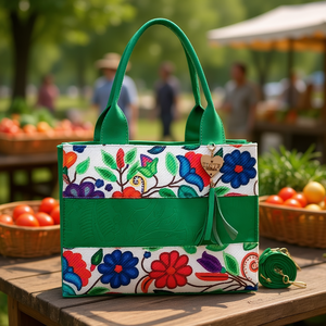 Bolso Tote de Yute para Mujer Fana Danae, Diseño Floral Verde con Borla, Bolso de Compras, Talla Adulto, Todas las Temporadas - Product Image 2